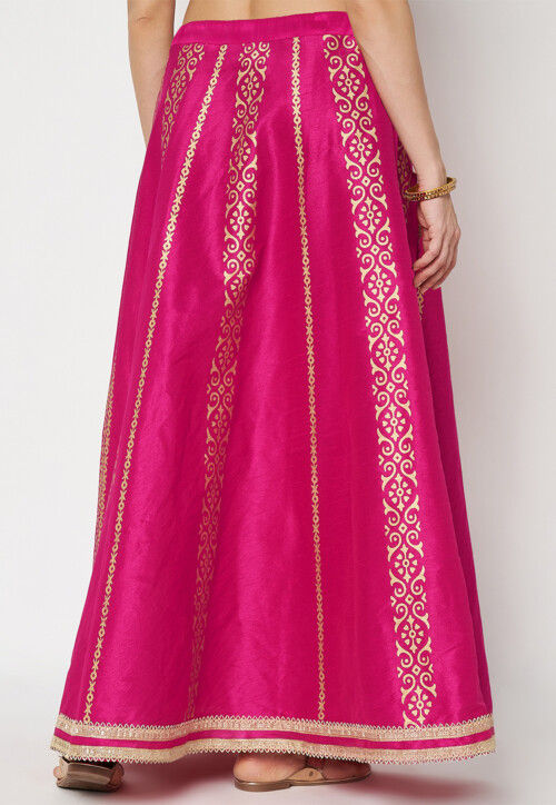 Golden Printed Art Dupion Silk Skirt in Fuchsia