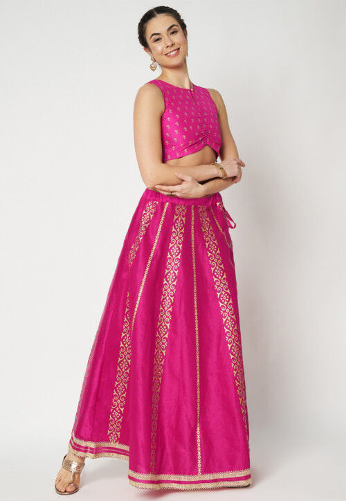 Golden Printed Art Dupion Silk Skirt in Fuchsia