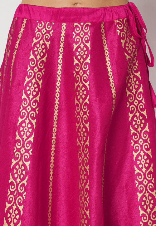 Golden Printed Art Dupion Silk Skirt in Fuchsia