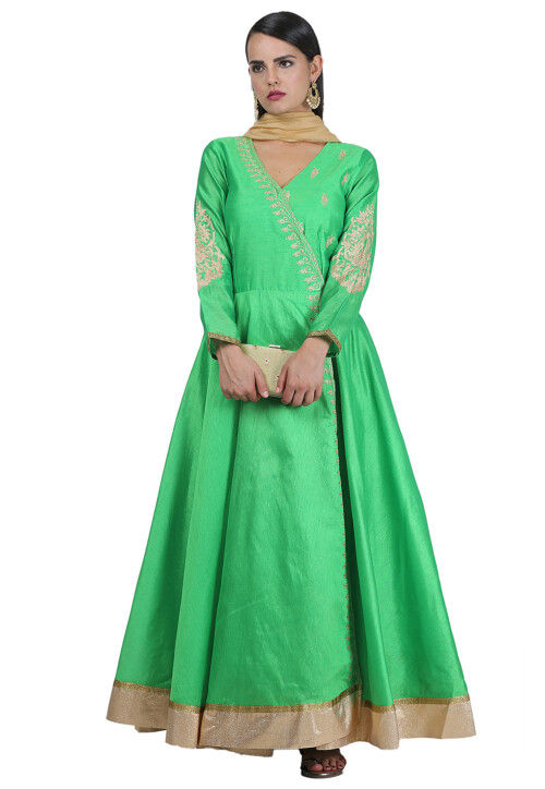 Golden Printed Art Silk A Line Suit in Green