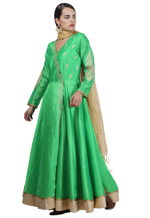 Golden Printed Art Silk A Line Suit in Green