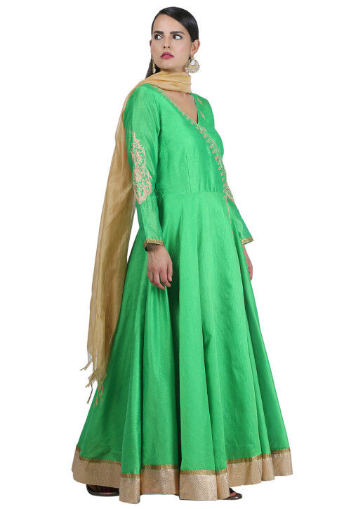 Golden Printed Art Silk A Line Suit in Green