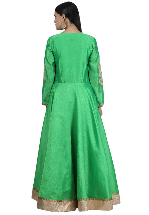 Golden Printed Art Silk A Line Suit in Green