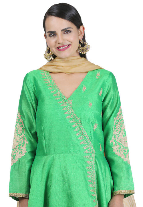 Golden Printed Art Silk A Line Suit in Green