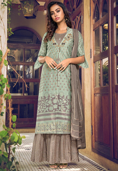 Golden Printed Art Silk Abaya Style Suit in Green and Grey