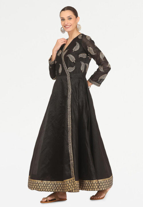 Golden Printed Art Silk Angrakha Style Kurta in Black
