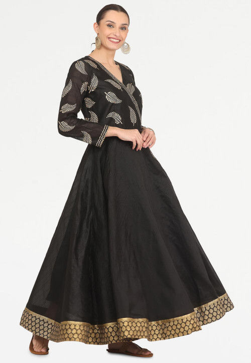 Golden Printed Art Silk Angrakha Style Kurta in Black