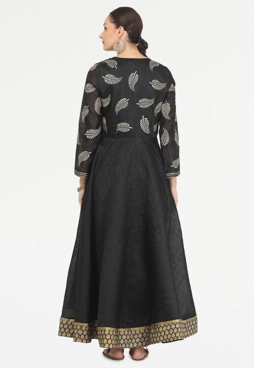 Golden Printed Art Silk Angrakha Style Kurta in Black