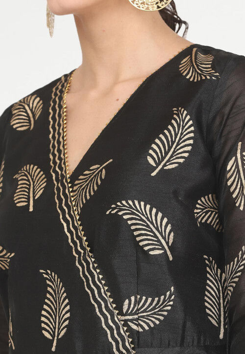 Golden Printed Art Silk Angrakha Style Kurta in Black