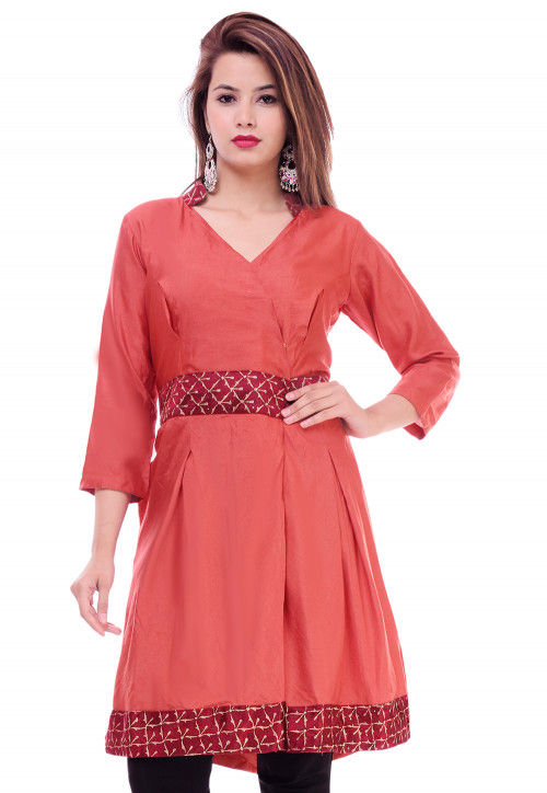 Golden Printed Art Silk Angrakha Style Tunic in Rust