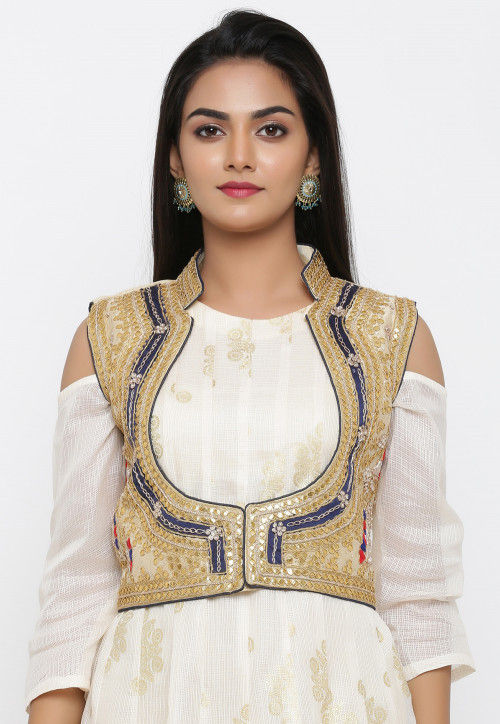 Golden Printed Art Silk Gown with Jacket in Off White : TJW1635