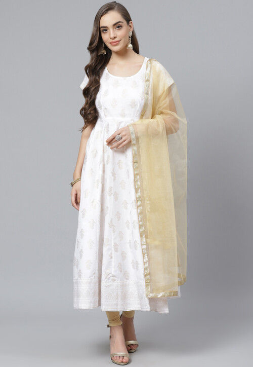 White Color Ready made Anarkali Gown with Dupatta For Festival ...