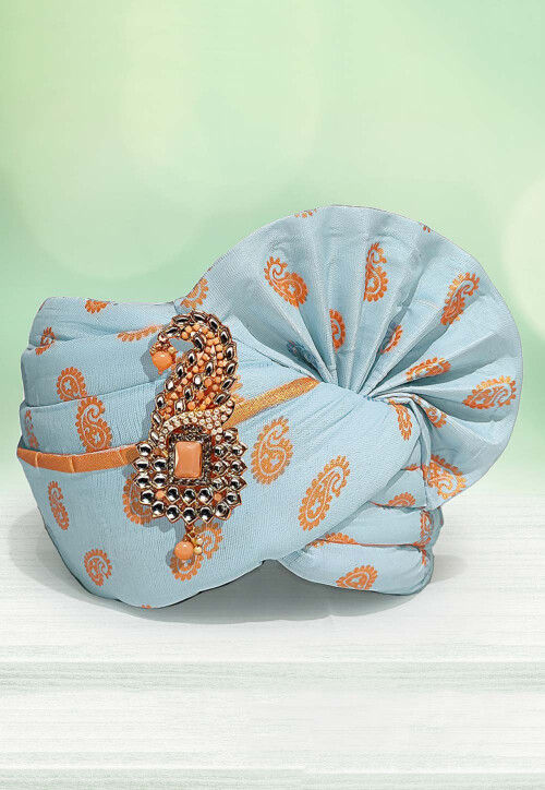 Golden Printed Cotton Kids Turban in Sky Blue