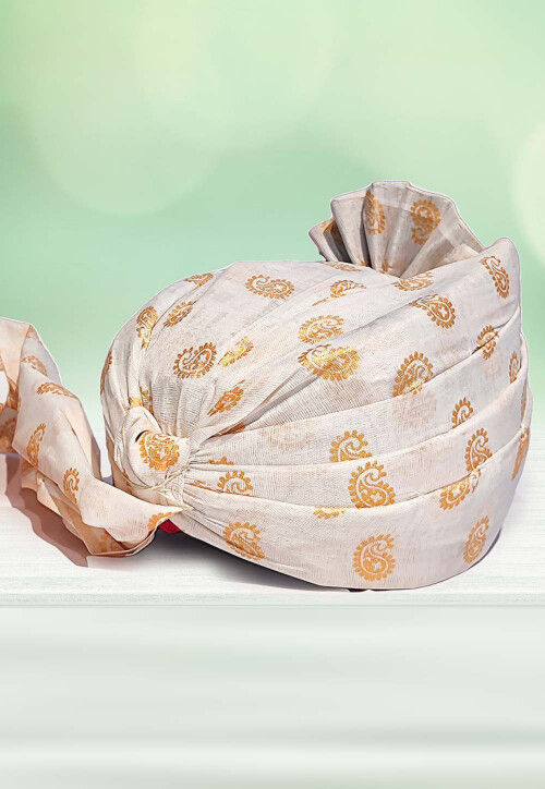 Golden Printed Cotton Kids Turban in White