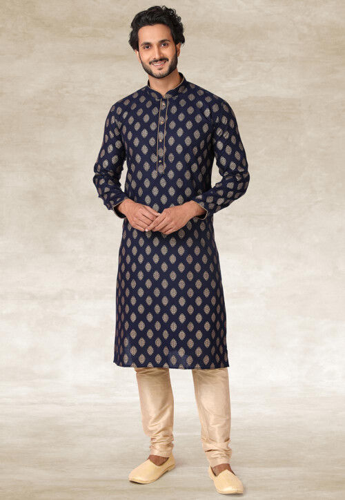 Golden Printed Cotton Kurta in Navy Blue