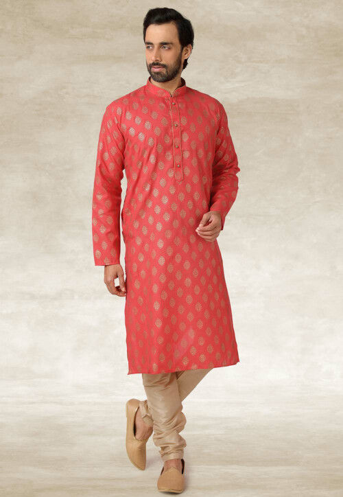 Golden Printed Cotton Kurta Set in Dark Peach