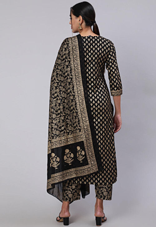 Golden Printed Cotton Pakistani Suit in Black : KTF101