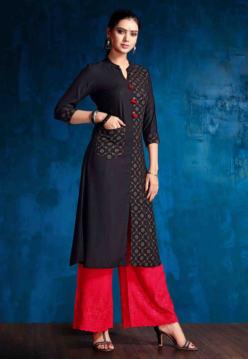 Golden Printed Cotton Rayon Front Slitted Straight Kurta in Black