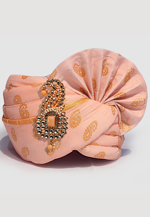 Golden Printed Cotton Turban in Peach