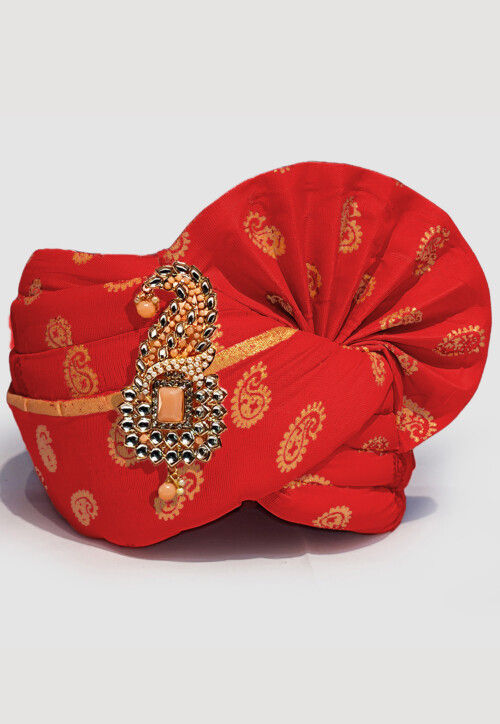 Golden Printed Cotton Turban in Red