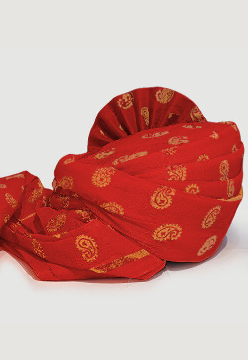 Golden Printed Cotton Turban in Red