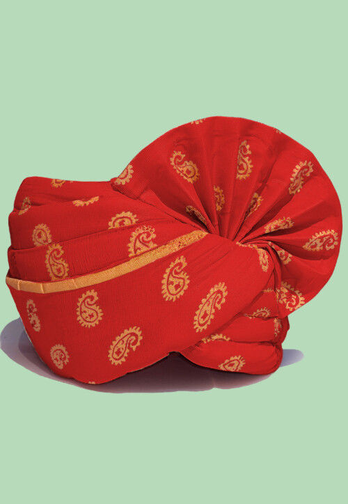 Golden Printed Cotton Turban in Red
