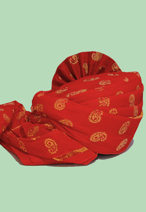 Golden Printed Cotton Turban in Red