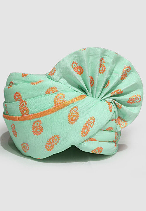 Golden Printed Cotton Unisex Turban in Sea Green