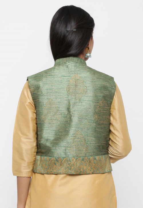 Golden Printed Dupion Silk Jacket in Green