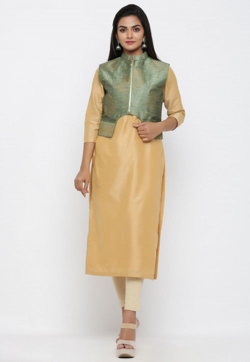 Golden Printed Dupion Silk Jacket in Green