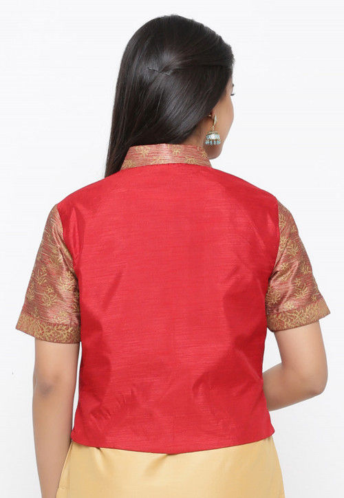 Golden Printed Dupion Silk Jacket in Peach and Red