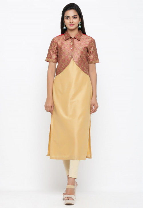 Golden Printed Dupion Silk Jacket in Peach and Red