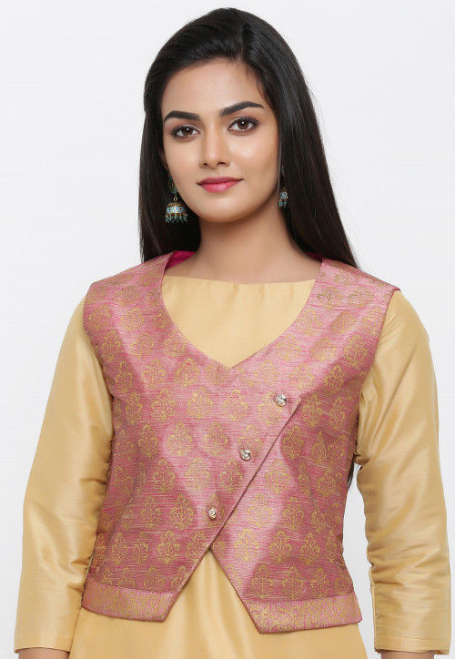 Golden Printed Dupion Silk Jacket in Pink