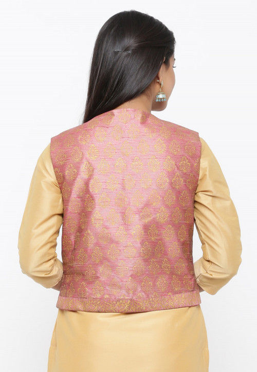 Golden Printed Dupion Silk Jacket in Pink