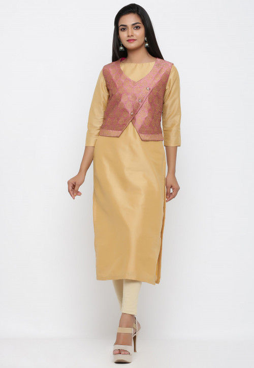 Golden Printed Dupion Silk Jacket in Pink