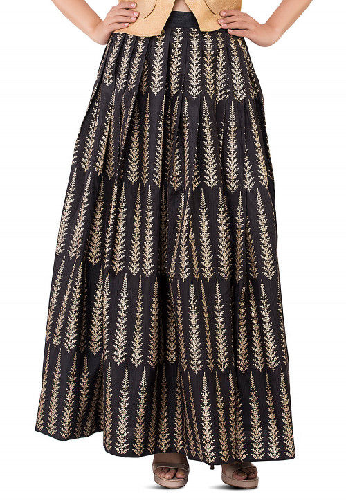 Buy Golden Printed Pleated Dupion silk Skirt in Black Online