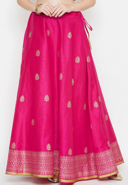Golden Printed Dupion Silk Skirt in Fuchsia