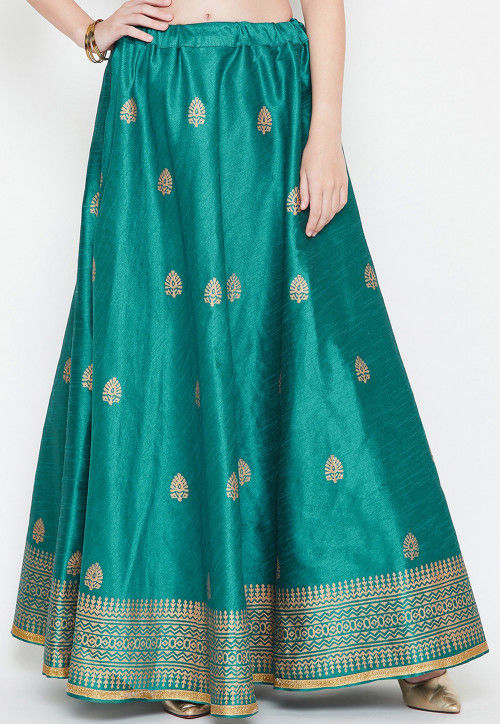 Golden Printed Dupion Silk Skirt in Teal Blue