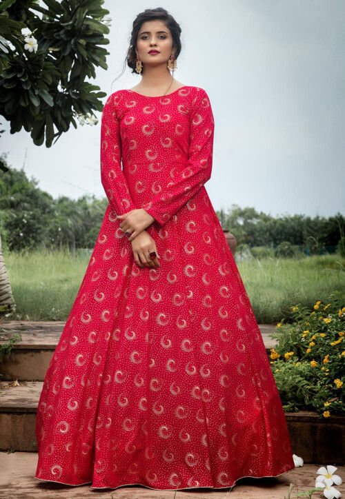 Golden Printed Georgette Flared Gown in Fuchsia