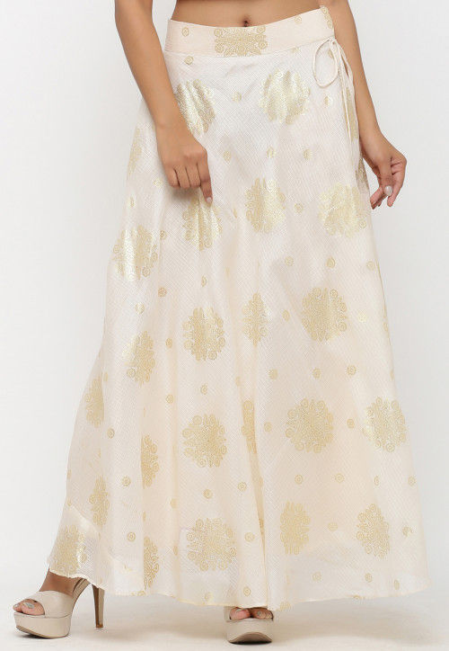 Golden Printed Kota Silk Long Skirt in Off White