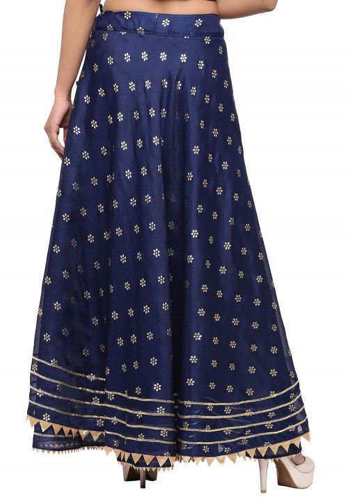 Golden Printed Kota Silk Skirt in Navy Blue : BRJ571