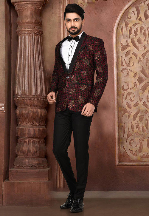 Golden Printed Polyester Lycra Tuxedo in Black and Maroon