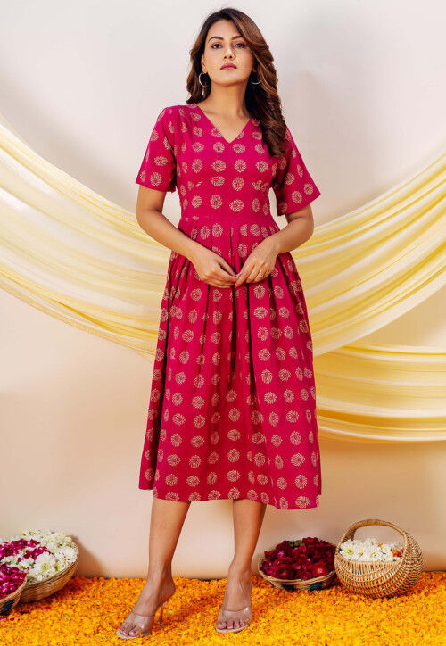 Golden Printed Pure Cotton Midi Dress in Fuchsia