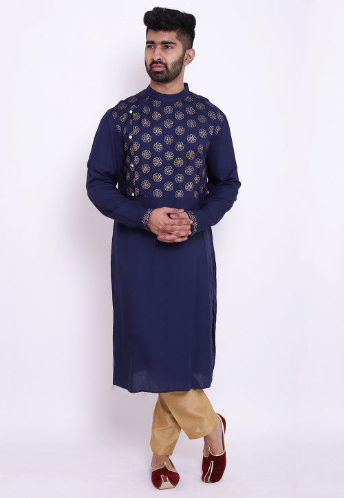 Golden Printed Rayon Kurta in Navy Blue