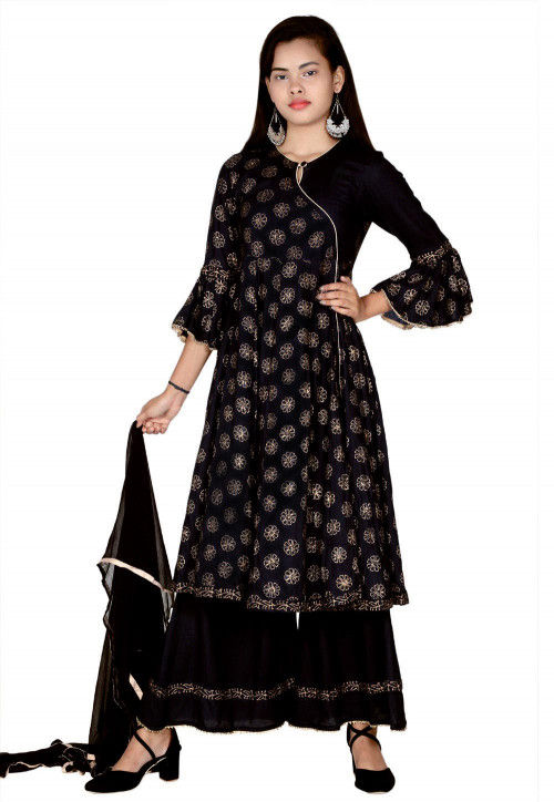 Buy Golden Printed Rayon Pakistani Suit in Black Online : UNJ1473 - Utsav  Fashion