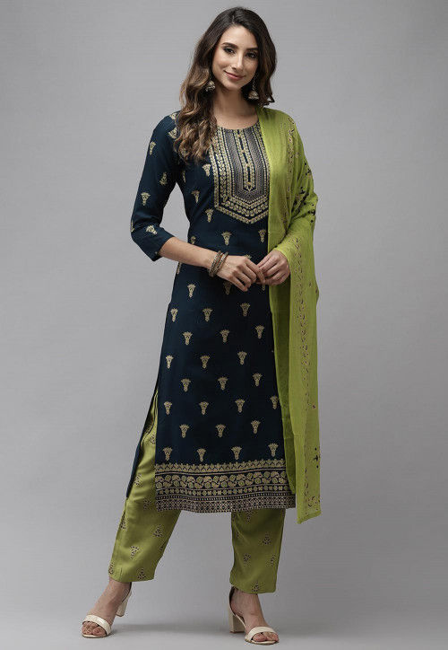 Golden Printed Rayon Pakistani Suit in Teal Blue