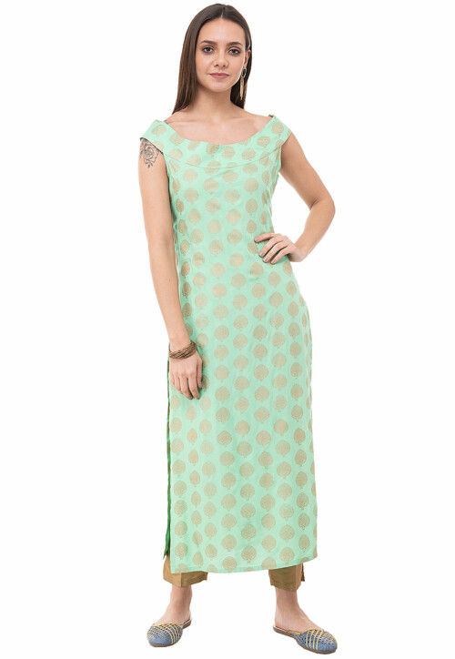 Golden Printed Rayon Pakistani Suit in Sea Green : KBNA38