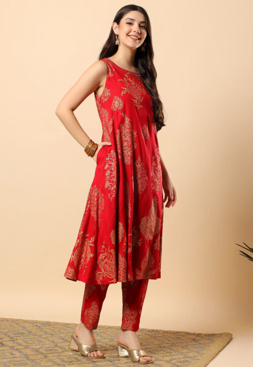 Golden Printed Viscose Cotton Co Ord Set in Maroon