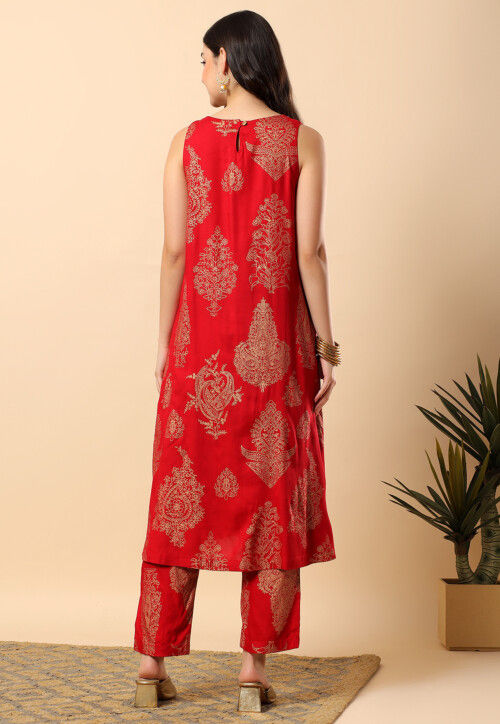 Golden Printed Viscose Cotton Co Ord Set in Maroon