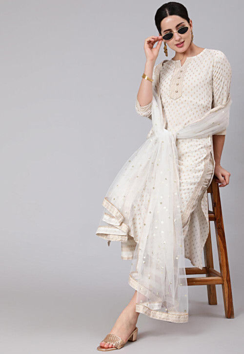 Golden Printed Viscose Rayon Pakistani Suit in Off White